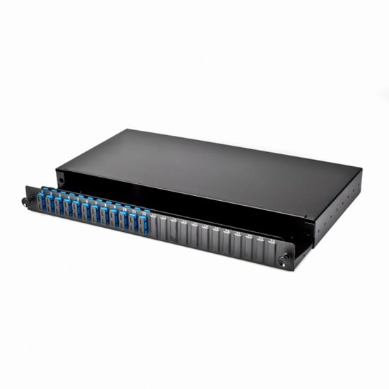 1U 19" SC DUPLEX FRONT SLIDING PATCH PANEL LOADED WITH 12 SC DUPLEX SINGLEMODE ADAPTORS - BLACK