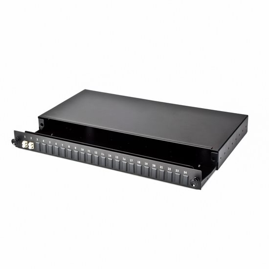 1U 19" LC FRONT SLIDING PATCH PANEL LOADED WITH 2 LC DUPLEX MULTIMODE ADAPTORS - BLACK
