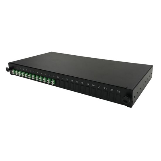 1U 19" LC/APC FRONT SLIDING PATCH PANEL LOADED WITH 12 LC/APC SINGLEMODE ADAPTORS - BLACK