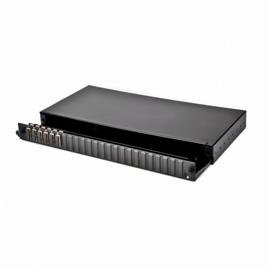 1U 19" SC FRONT SLIDING PATCH PANEL LOADED WITH 6 SC DUPLEX MULTIMODE ADAPTORS - BLACK"