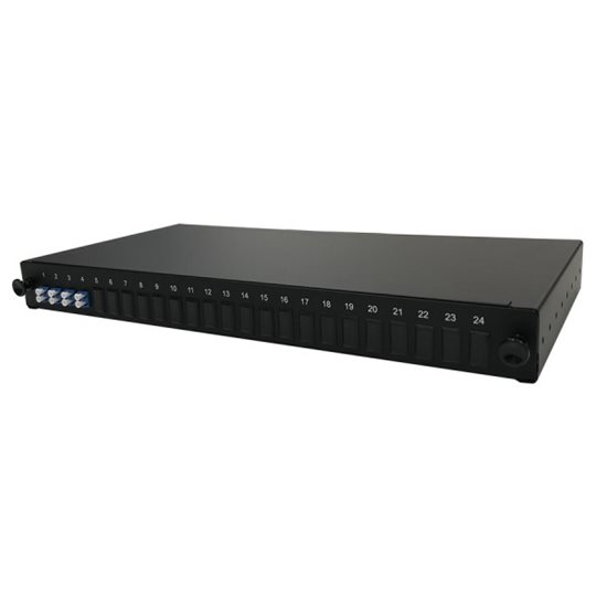 1U 19" LC DUPLEX FRONT SLIDING PATCH PANEL LOADED WITH 4 LC DUPLEX SINGLEMODE ADAPTORS - BLACK