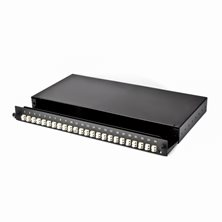 1U 19" LC FRONT SLIDING PATCH PANEL LOADED WITH 24 LC DUPLEX MULTIMODE ADAPTORS - BLACK"